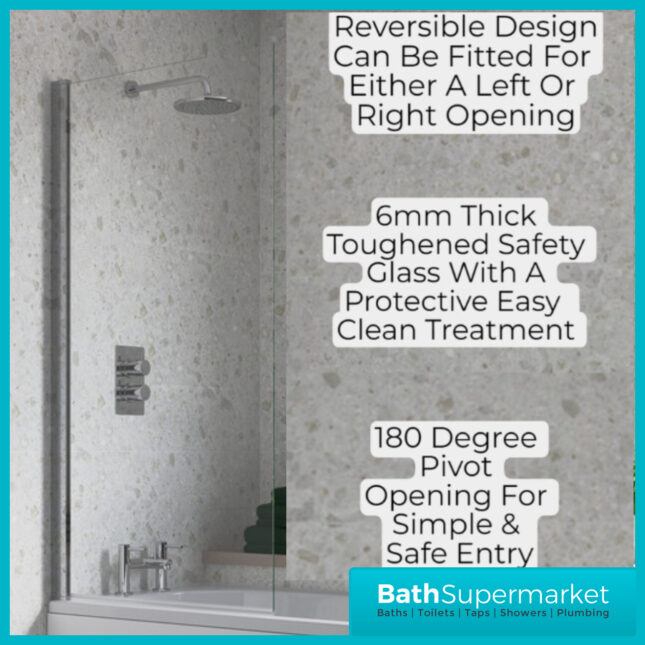 AquaVolere Square Chrome Reversible 6mm Safety Glass Pivot Bath Screen 1400mm