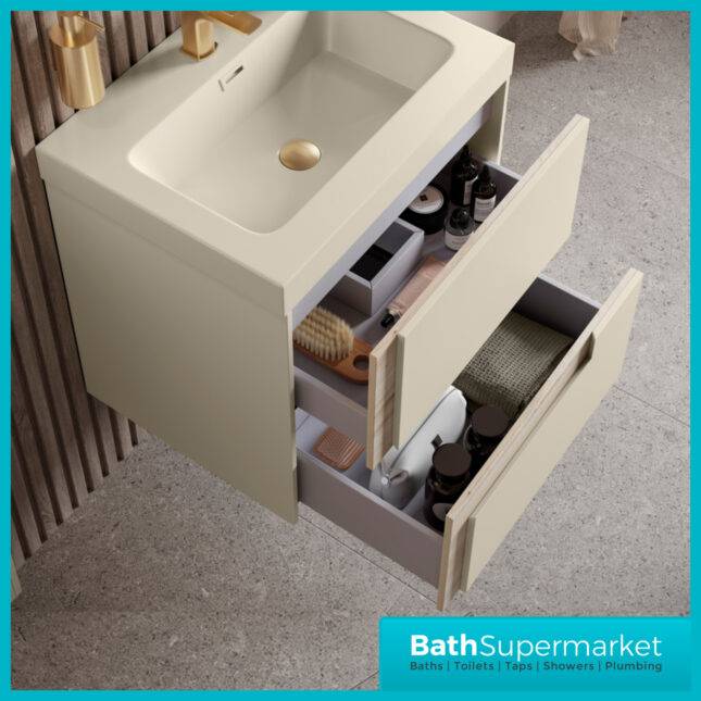 AquaVolere Diverse Matt Cotton & Oak Effect Wall Hung Drawer Vanity Unit With Co-ordinating Basin 605mm - 805mm
