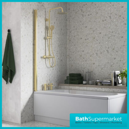 AquaVolere Square Brushed Brass Reversible 6mm Safety Glass Pivot Bath Screen 1400mm