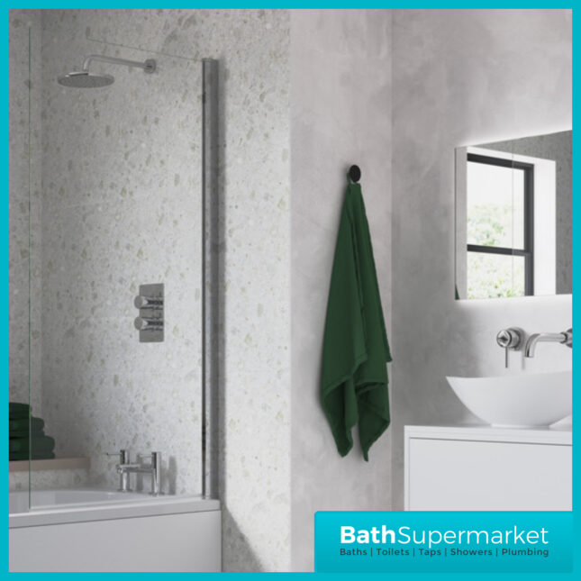 AquaVolere Square Chrome Reversible 6mm Safety Glass Pivot Bath Screen 1400mm