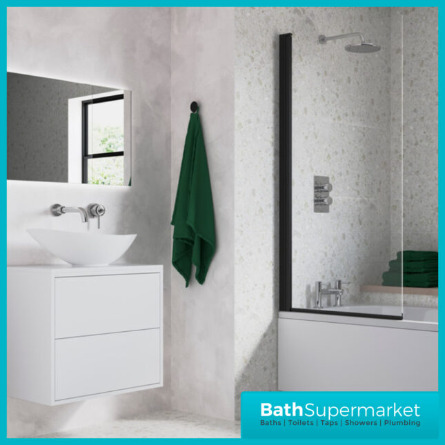 AquaVolere Square Black Reversible 6mm Safety Glass Bath Screen 1400mm