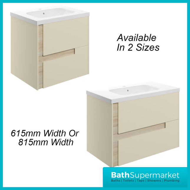AquaVolere Diverge Cotton & Oak Effect Wall Hung 2 Drawer Basin Vanity Unit 615mm & 815mm Width