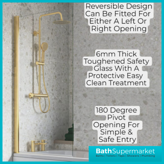 AquaVolere Square Brushed Brass Reversible 6mm Safety Glass Pivot Bath Screen 1400mm