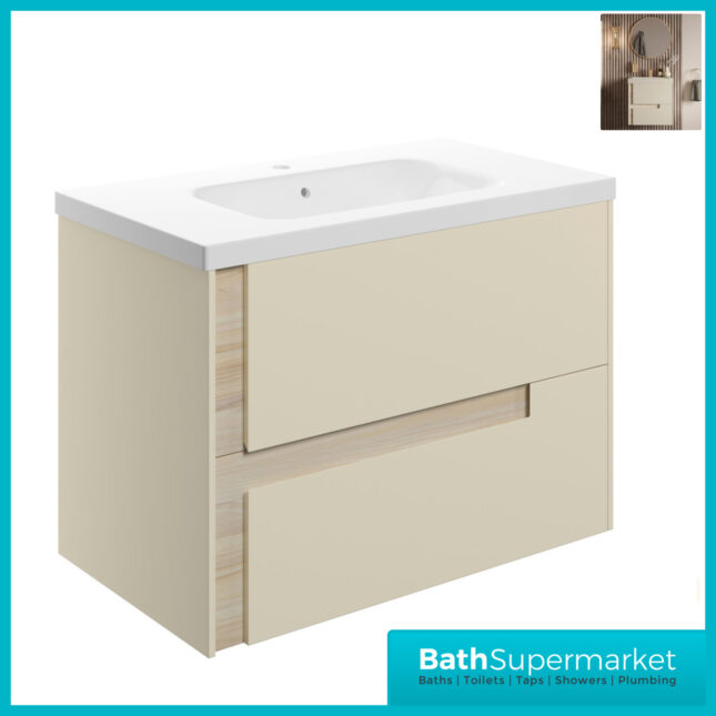 AquaVolere Diverse Matt Cotton & Oak Effect Wall Hung Drawer Vanity Unit With White Basin 615mm - 815mm