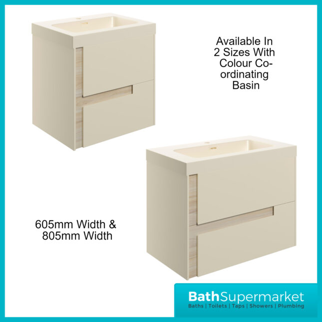 AquaVolere Diverse Matt Cotton & Oak Effect Wall Hung Drawer Vanity Unit With Co-ordinating Basin 605mm - 805mm