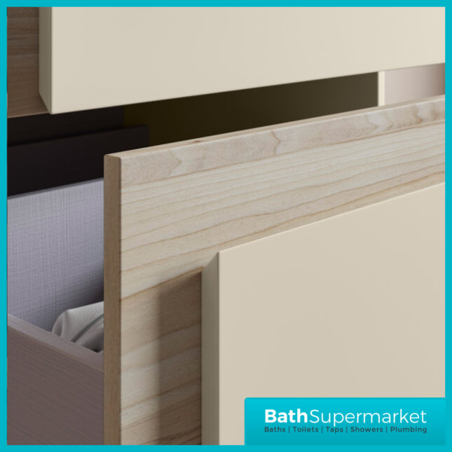 AquaVolere Diverse Matt Cotton & Oak Effect Wall Hung Drawer Vanity Unit With Co-ordinating Basin 605mm - 805mm