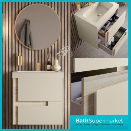 AquaVolere Diverse Matt Cotton & Oak Effect Wall Hung Drawer Vanity Unit With Co-ordinating Basin 605mm - 805mm