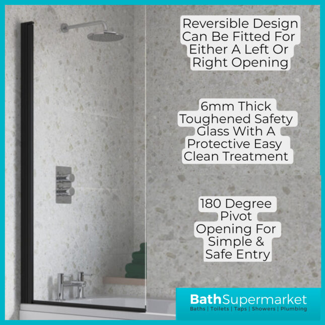 AquaVolere Square Black Reversible 6mm Safety Glass Bath Screen 1400mm