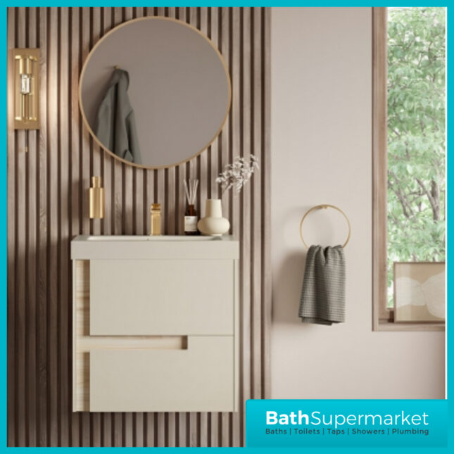 AquaVolere Diverse Matt Cotton & Oak Effect Wall Hung Drawer Vanity Unit With Co-ordinating Basin 605mm - 805mm