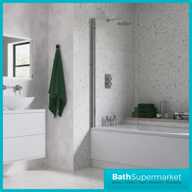 AquaVolere Square Chrome Reversible 6mm Safety Glass Pivot Bath Screen 1400mm