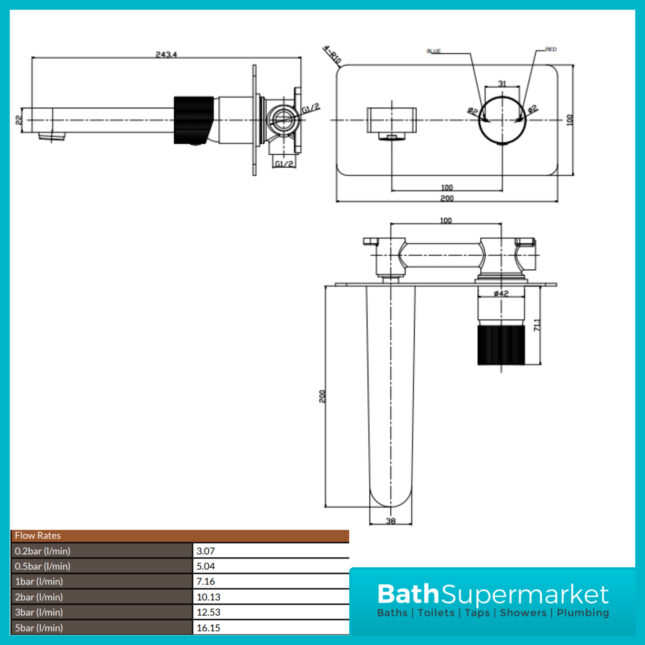 Sognare Fluted Koko Gunmetal Wall Mounted Basin Mixer Tap