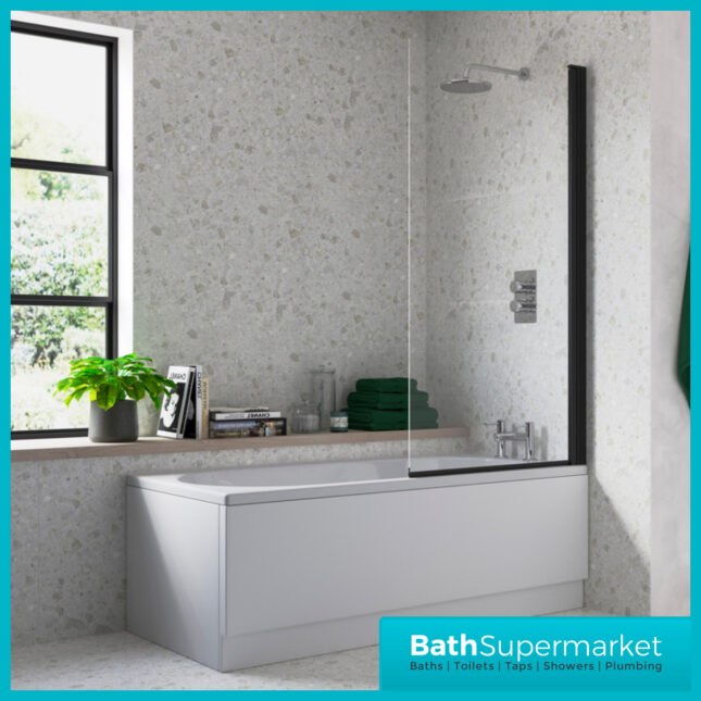 AquaVolere Square Black Reversible 6mm Safety Glass Bath Screen 1400mm