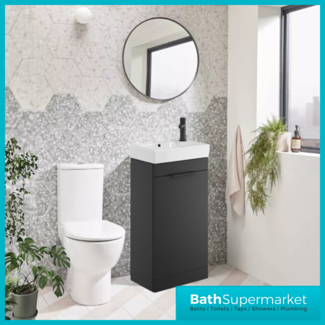 Sognare Amour Matt Black Freestanding Cloakroom Storage Cabinet Floor Mounted Unit & Basin 450mm With Handle Colour Choice
