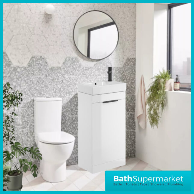 Sognare Amour Gloss White Freestanding Cloakroom Storage Cabinet Floor Mounted Unit & Basin 450mm With Handle Colour Choice