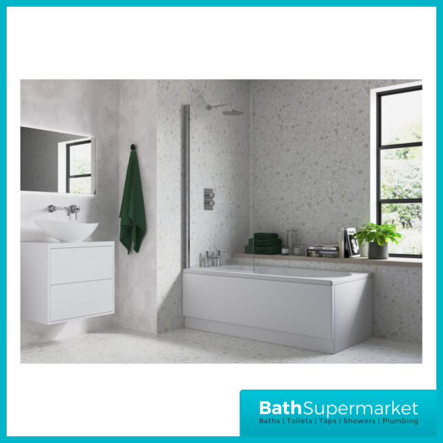 AquaVolere Square Chrome Reversible 6mm Safety Glass Pivot Bath Screen 1400mm