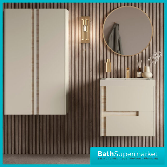 AquaVolere Diverse Matt Cotton & Oak Effect Wall Hung Drawer Vanity Unit With Co-ordinating Basin 605mm - 805mm