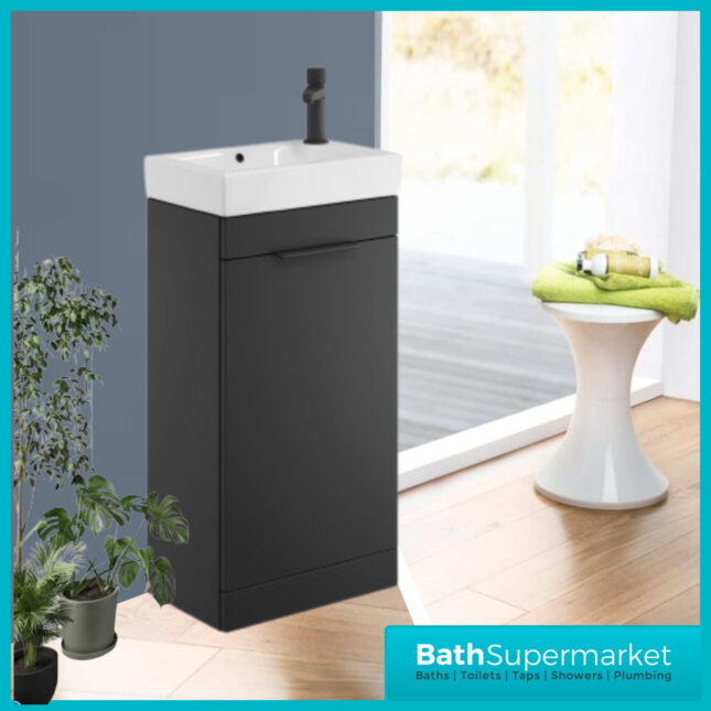 Sognare Amour Matt Black Freestanding Cloakroom Storage Cabinet Floor Mounted Unit & Basin 450mm With Handle Colour Choice