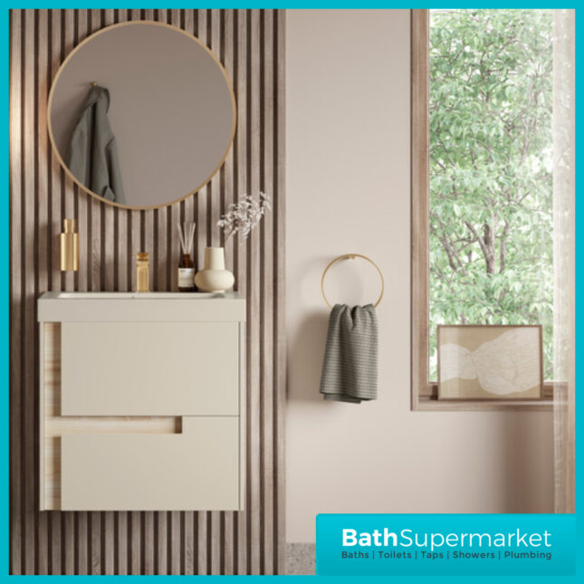 AquaVolere Diverse Matt Cotton & Oak Effect Wall Hung Drawer Vanity Unit With Co-ordinating Basin 605mm - 805mm