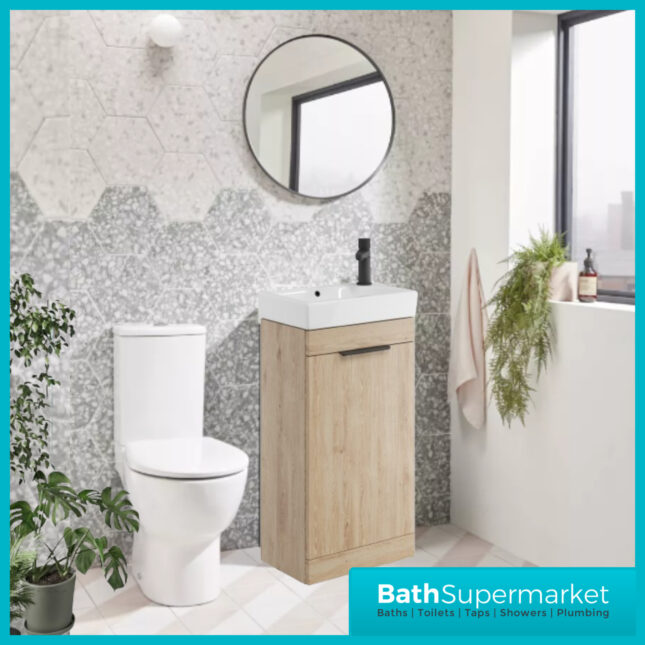 Sognare Amour Davos Oak Freestanding Cloakroom Storage Cabinet Floor Mounted Unit & Basin 450mm With Handle Colour Choice