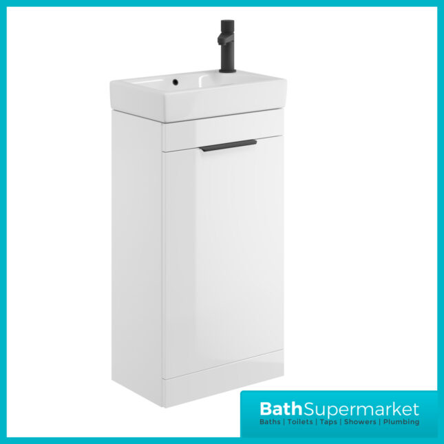 Sognare Amour Gloss White Freestanding Cloakroom Storage Cabinet Floor Mounted Unit & Basin 450mm With Handle Colour Choice