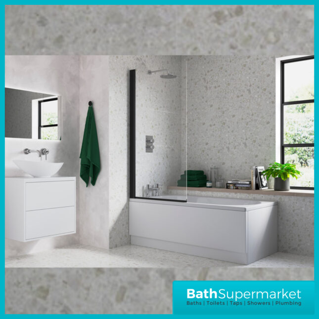 AquaVolere Square Black Reversible 6mm Safety Glass Bath Screen 1400mm
