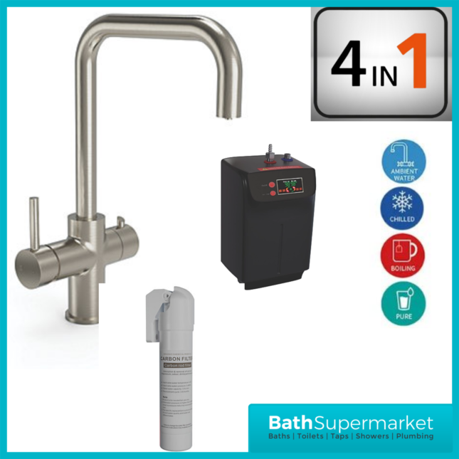 Ellsi Brushed Steel 4-in-1 Instant Boiling Hot Water Kitchen Mixer Tap System Kit