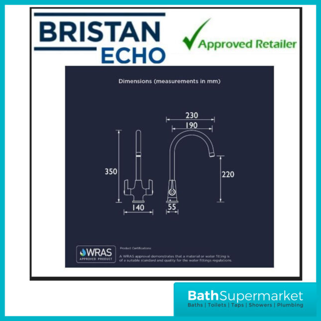 Bristan Echo Brushed Nickel Swan Neck Easy Fit Twin Lever Kitchen Sink Mixer Tap