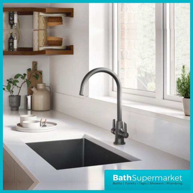 Bristan Echo Gunmetal Swan Neck Easy Fit Twin Lever Kitchen Sink Mixer Tap