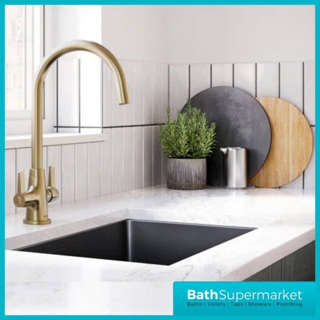 Bristan Echo Swan Neck Easy Fit Twin Lever Brushed Brass Kitchen Sink Mixer Tap