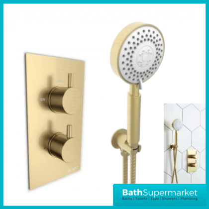 Aeris Brushed Brass Round Concealed Thermostatic Valve Handset Bracket Shower Kit
