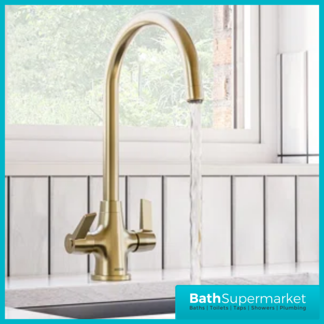 Bristan Echo Swan Neck Easy Fit Twin Lever Brushed Brass Kitchen Sink Mixer Tap