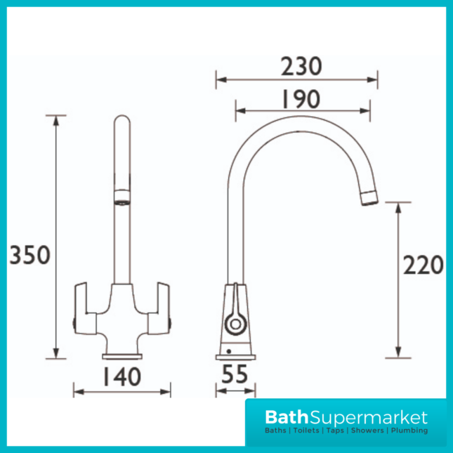 Bristan Echo Brushed Nickel Swan Neck Easy Fit Twin Lever Kitchen Sink Mixer Tap