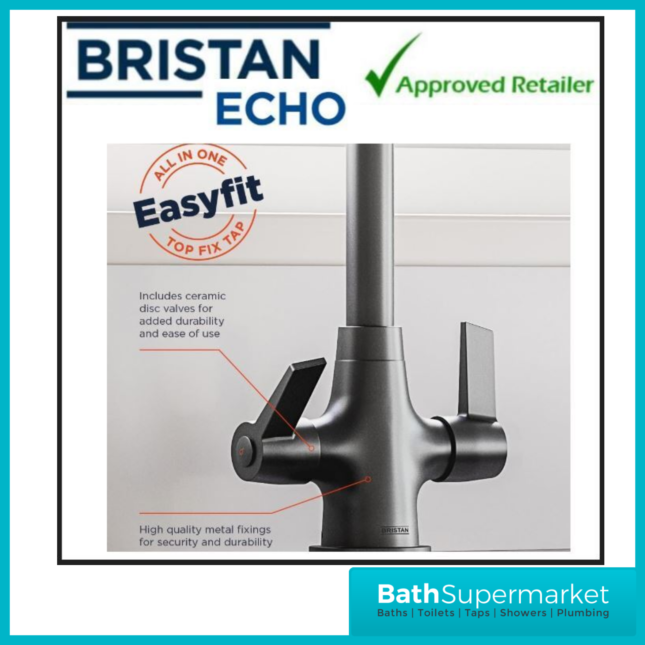 Bristan Echo Gunmetal Swan Neck Easy Fit Twin Lever Kitchen Sink Mixer Tap