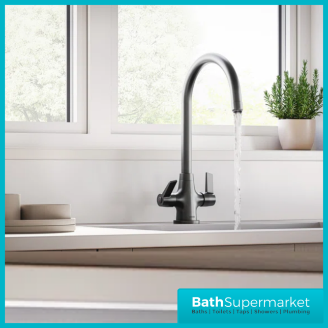 Bristan Echo Gunmetal Swan Neck Easy Fit Twin Lever Kitchen Sink Mixer Tap