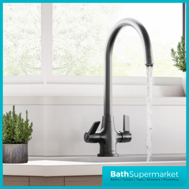 Bristan Echo Gunmetal Swan Neck Easy Fit Twin Lever Kitchen Sink Mixer Tap