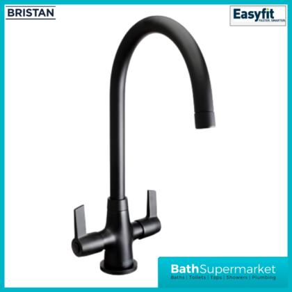 Bristan Echo Matt Black Swan Neck Easy Fit Twin Lever Kitchen Sink Mixer Tap