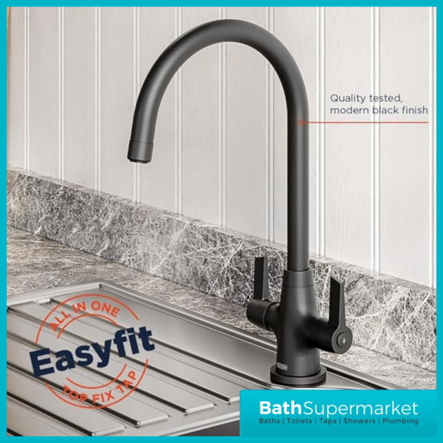 Bristan Echo Matt Black Swan Neck Easy Fit Twin Lever Kitchen Sink Mixer Tap