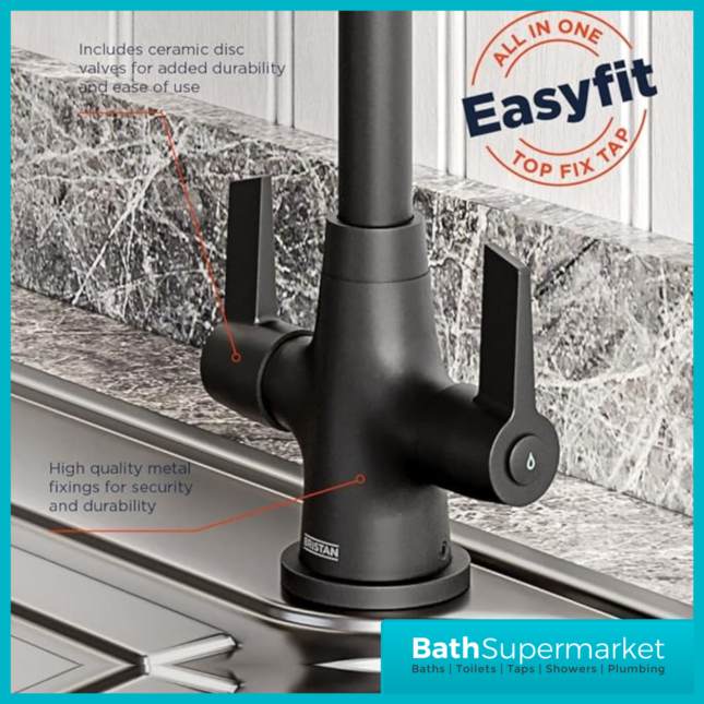Bristan Echo Matt Black Swan Neck Easy Fit Twin Lever Kitchen Sink Mixer Tap