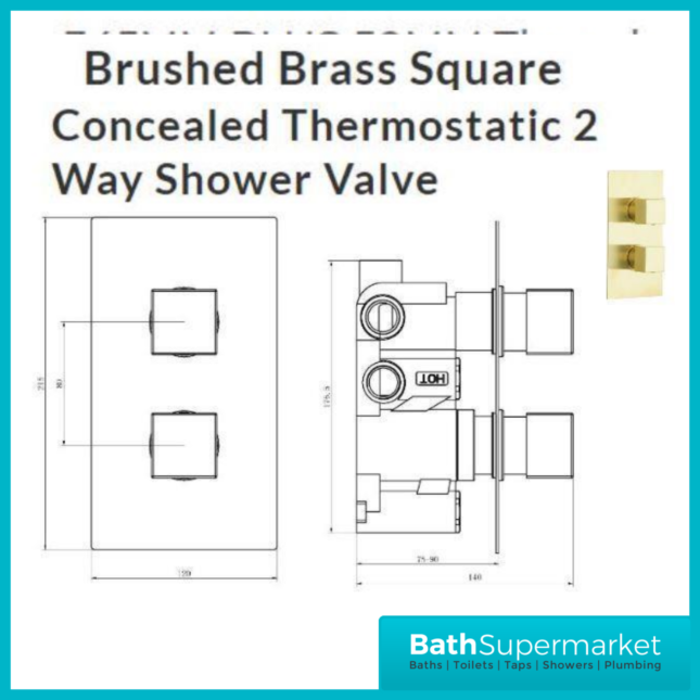 Tailored Brushed Brass Square Dual Concealed Valve Wall Drencher Fixed Bracket Handset Shower Kit