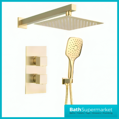 Tailored Brushed Brass Square Dual Concealed Valve Wall Drencher Fixed Bracket Handset Shower Kit