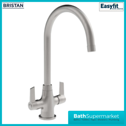 Bristan Echo Brushed Nickel Swan Neck Easy Fit Twin Lever Kitchen Sink Mixer Tap
