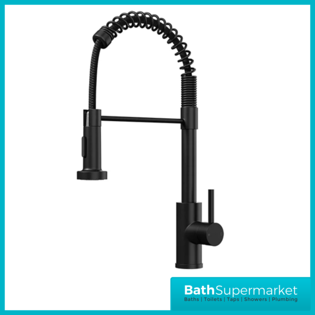 Rural Contra Matt Black Kitchen Sink Mixer Tap With Spring Pull Out Hose Spray Head