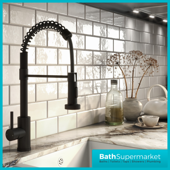 Rural Contra Matt Black Kitchen Sink Mixer Tap With Spring Pull Out Hose Spray Head