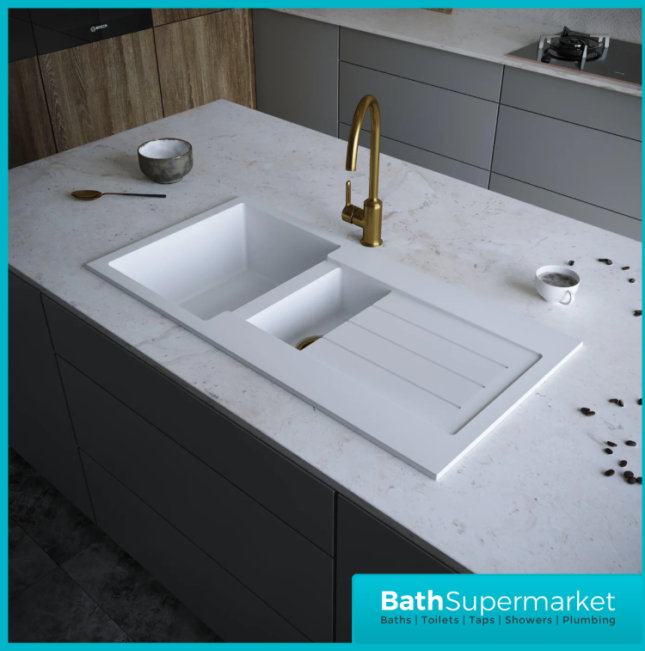 Ellsi Comite Matt White Reversible 1.5 Bowl Inset Kitchen Drainer Sink & Waste
