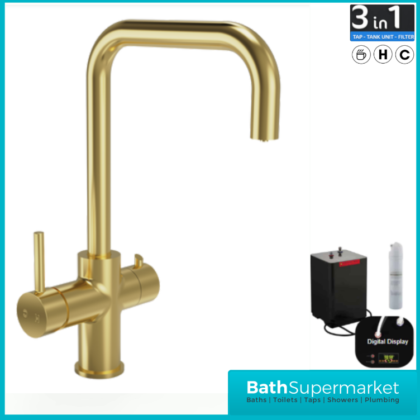 Ellsi Brushed Brass Designer 3-in-1 Instant Hot Water Kitchen Mixer Tap System Kit