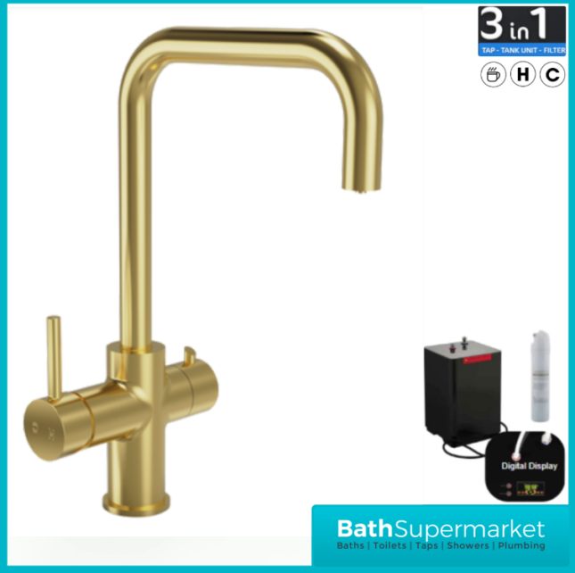 Ellsi Brushed Brass Designer 3-in-1 Instant Hot Water Kitchen Mixer Tap System Kit