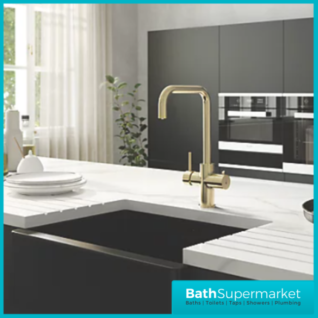 Ellsi Brushed Brass Designer 3-in-1 Instant Hot Water Kitchen Mixer Tap System Kit