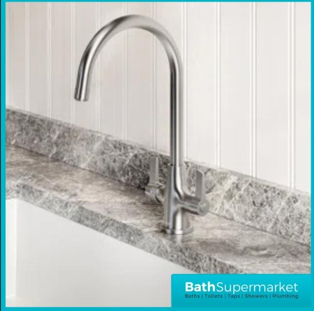 Bristan Echo Brushed Nickel Swan Neck Easyfit Twin Lever Kitchen Sink Mixer Tap