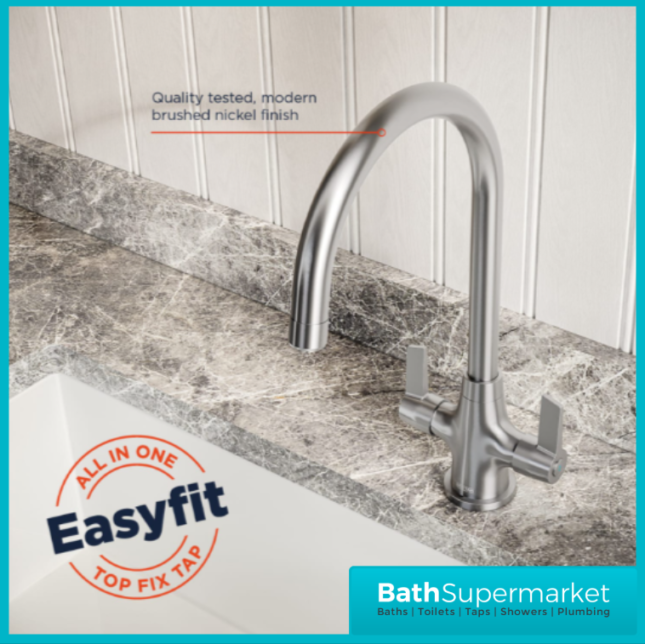 Bristan Echo Brushed Nickel Swan Neck Easyfit Twin Lever Kitchen Sink Mixer Tap