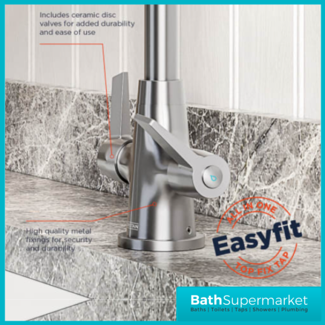 Bristan Echo Brushed Nickel Swan Neck Easyfit Twin Lever Kitchen Sink Mixer Tap